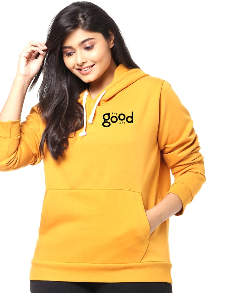 Front of a model wearing a size 5XL Mustard "The Good Life" Text Sweatshirt in Mustard by Instafab Plus. | dia_product_style_image_id:298046